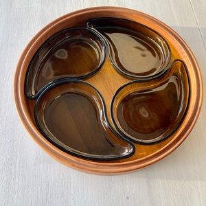 Dansk Design Vintage Teak Serving Tray with 4 Green Glass Dishes